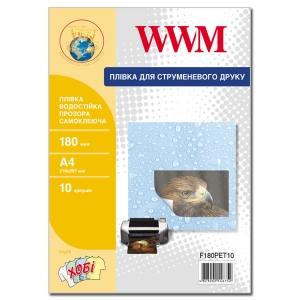 Пленка WWM 180мкм , A4 , 10л  водостойкая прозрачная самоклеящаяся (F180PET10 )